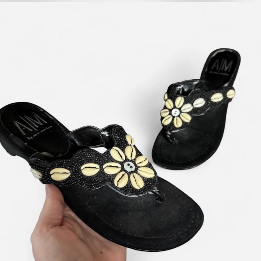 Vintage Black beaded sandals with sea shell flower embellishments